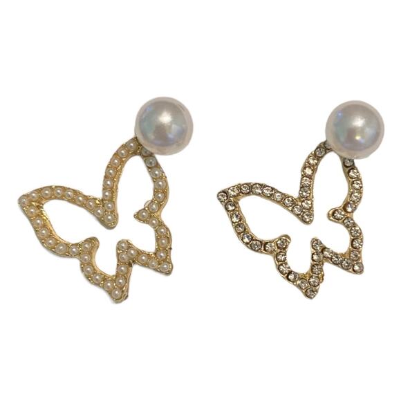 Butterfly Gold Tone Diamond & Pearl Earrings - Picture 1 of 2